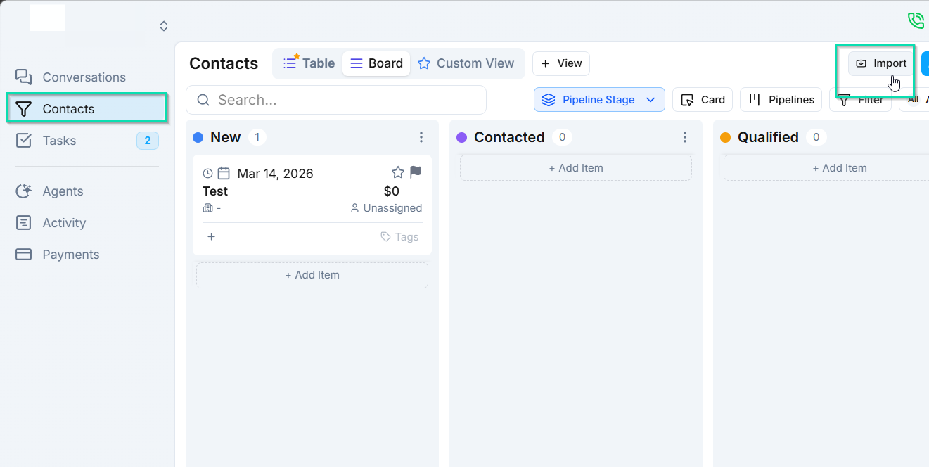 Navigate to the CRM and click the Import option